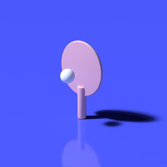Plastic light pink ping pong racket stands with flying white ball on classic blue background. Mirror reflection. Summer active sport concept. 3D rendering.