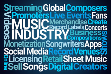 Music Industry Word Cloud on Blue Background