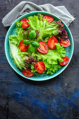 Healthy salad, leaves mix mix micro greens, cucumber, tomato other ingredients. food background. copy space