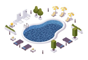 Isometric round pool with outdoor shower, lounger chairs, sunbeds with tables, umbrellas in a hotel or aquapark, villa or cruise ship.