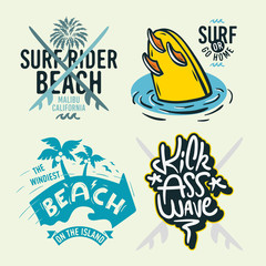 Surfing Style Surf Summer Time Beach Life Hand Lettering  Vector Illustrations Set Designs.