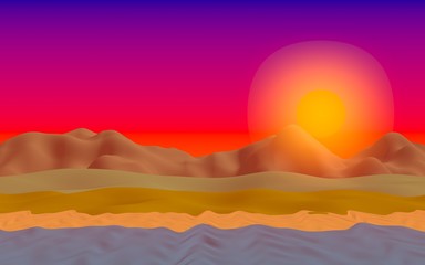 Obraz na płótnie Canvas Sun Sea Beach. Sunrise. Ocean shore line with waves on a beach. Island beach paradise with waves. Vacation, summer, relaxation. Seascape, seashore. Minimalist landscape, primitivism. 3D illustration