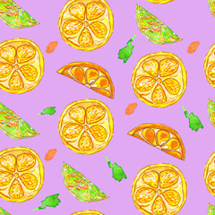 Colored pattern with sliced orange and lime on white background. Can be used as card, site background, decoration.