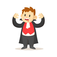 Cartoon Dracula kid wearing black cloak. Colorful flat vector illustration, isolated on white background.