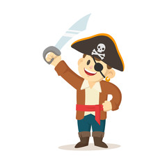 Cartoon pirate kid with sword and pirate hat. Colorful flat vector illustration, isolated on white background.