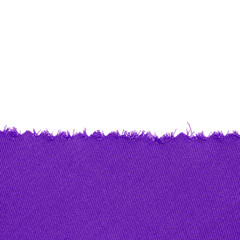 Violet or purple cut piece of fabric. Frame isolated on a white background. Template, background, empty space. Fabric texture, sewing material, torn cloth. Rag background with torn ragged edge.