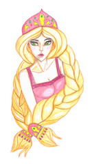 Raster colored portrait of beautiful russian girl in traditional headdress kokoshnik.