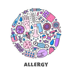 Doodle colored allergy icons including skin rash, runny eye, mask, cat, honey bee, microscope, dnk, pipette bottle, syringe, thermometer composed in circle shape.