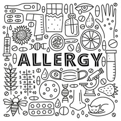 Poster with lettering and doodle outline allergy icons including skin rash, runny eye, mask, cat, honey bee, microscope, dnk, pipette bottle, syringe, thermometer, etc isolated on white background.