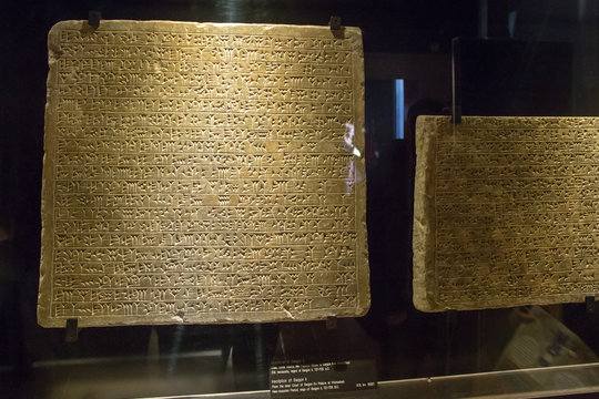 Vatican, Italy - January, 04, 2020. Ancient Mesopotamia cuneiform tables on display of the Museums of Vatican. The Museum holds one of the biggest collection of Ancient Mesopotamia art objects.