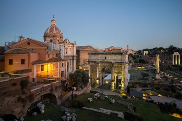 Fototapeta na wymiar Night view of Roman forum from the Capitoline Museums. It is an archaeological museums on top of the Capitoline Hill in Rome.