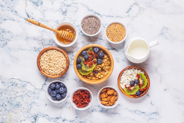 Healthy breakfast ingredients, top view.