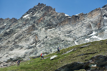 Naklejka premium Side view of group of three tourists with trekking equipment walking on path, beautiful mountains scenery on background. Mountain hiking, men reaching peak in summer day. Sport tourism in Alps.