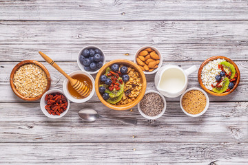 Healthy breakfast ingredients, top view.