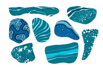Set of blue and white stones. Natural shapes and marbled textures.