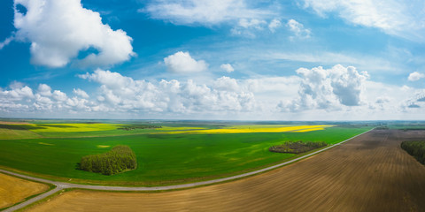 Picturesque panorama of agricultural fields with rape and wheat. Huge open spaces under a beautiful cloudy sky. Aerial view