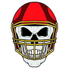 creepy skull with a red football helmet on. white background, isolated, cartoon.