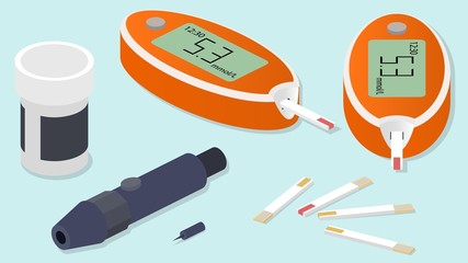 Isometric vector diabetes diagnostic set. Glucometer, test strips and lancet.