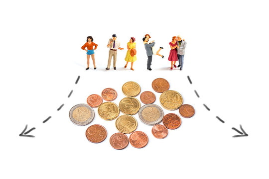 miniature people with euro coins on white background, image for money and saving concept.