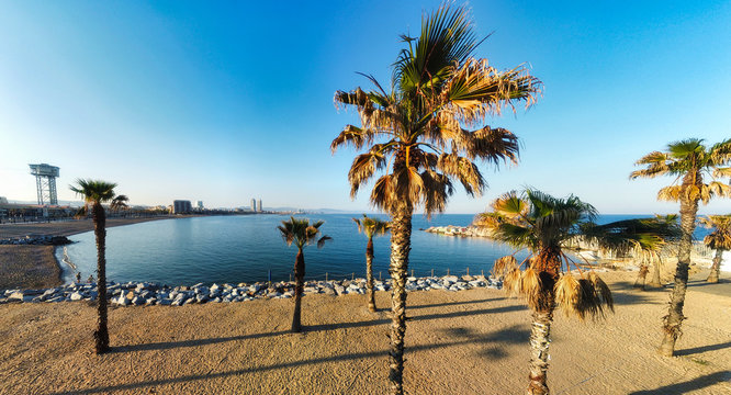 Barcelona. Beach Area Of Barceloneta During Coronavirus Pandemic. Catalonia.Spain