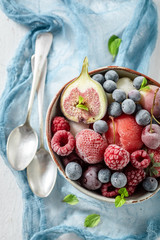 Sweet and tasty ice cream sorbet on white table