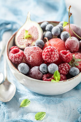Ice cream sorbet with fresh frozen fruits on white table