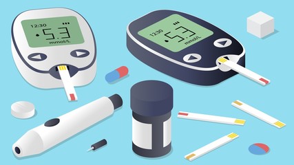 Isometric vector glucose monitoring set. Glucometer, test strips, lancet, pills and sugar cube.