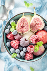 Closeup of ice cream sorbet with fresh fruits