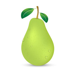 Vector illustration of a ripe green pear with leaves and drops of water on a white background. Design element for print and web.