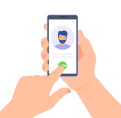 A ringing phone with an avatar on the screen in hands. The finger presses the call button on the smartphone. Vector illustration in flat style on the topic of communication.