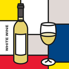 White wine bottle with white wine glass. Modern style art with rectangular shapes. Piet Mondrian style pattern.