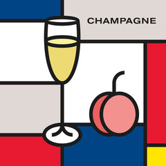 Champagne glass with peach fruit. Modern style art with rectangular shapes. Piet Mondrian style pattern.