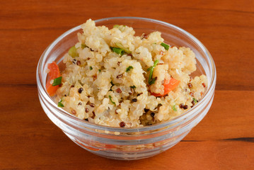 Cooked quinoa in glass bowl