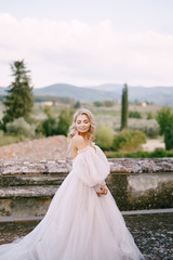 Fototapeta na wymiar Wedding at an old winery villa in Tuscany, Italy. The bride in a white magnificent dress, with bare shoulders and magnificent sleeves, walks on the roof of an old villa.