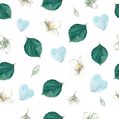 Seamless black background from buds, jasmine flowers, leaves and watercolor hearts. Watercolor by hand. Suitable for paper, fabric and postcards.
