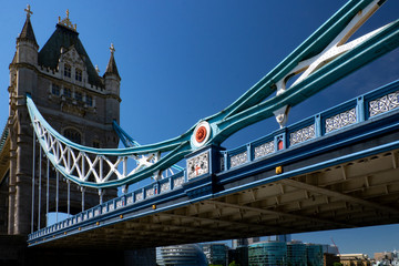A view of the empty Tower Bridge on a sunny bright day during Coronavirus lockdown in London, United Kingdom.