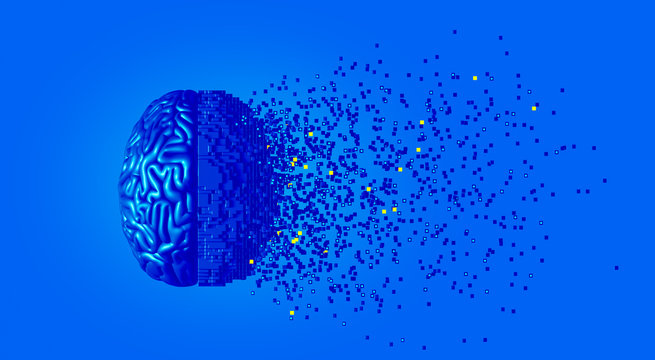 Concept of digital brain with virtual reality. Desintegration of particles. Big data process. 3d rendering 