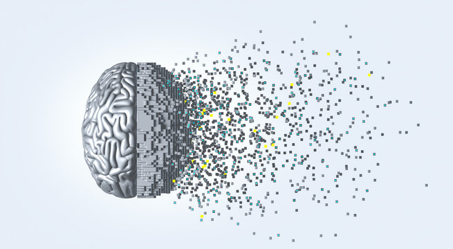 Concept of digital brain with virtual reality. Desintegration of particles. Big data process. 3d rendering 
