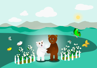 The drawing picture of the brown bear holding hand of adorable white bear and saying some special words, for background, cards, Gift Wrap, illustration