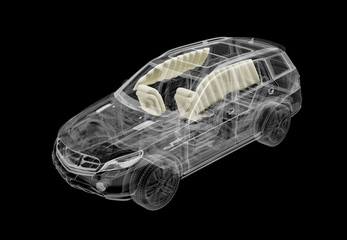 Technical 3d illustration of SUV car with x-ray effect and airbags system.