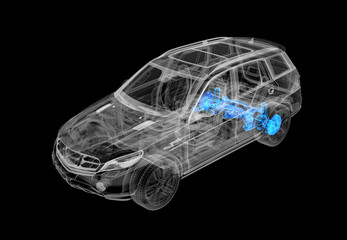 Technical 3d illustration of SUV car with x-ray effect. Rear brakes and suspension systems.