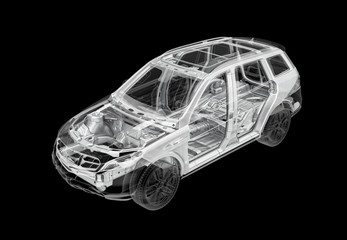 Technical 3d illustration of SUV car with x-ray effect and chassis system.