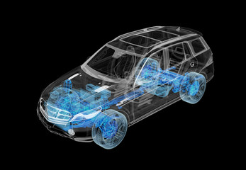 Technical 3d illustration of SUV car with x-ray effect and powertrain system.