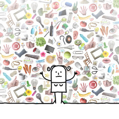 Cartoon woman with collage of plenty colorful daily objects