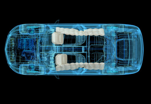 Technical 3d Illustration Of SUV Car With Xray Effect And Airbags System.