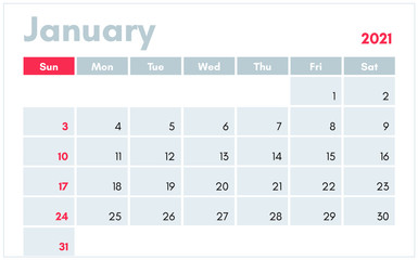 January 2021 calendar in english. Vector illustration for print and banners.