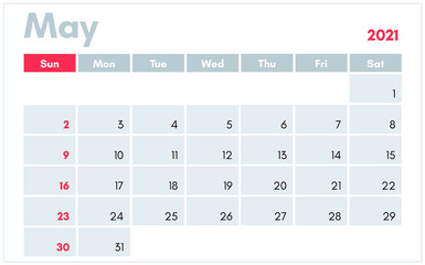 May 2021 calendar in english. Vector illustration for print and banners.