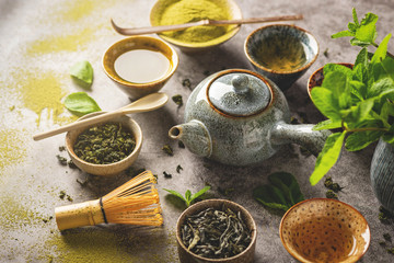 various types of green tea, healthy drink, tea ceremony