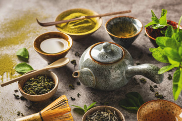 various types of green tea, healthy drink, tea ceremony