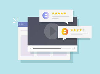 Website video content review testimonial or online feedback rate evaluation vector flat cartoon illustration, concept of internet or web movie player with rating messages, ranking modern design image